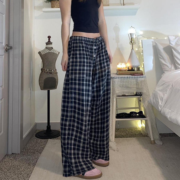 Womens Lace-up Button Casual Baggy Straight Trousers