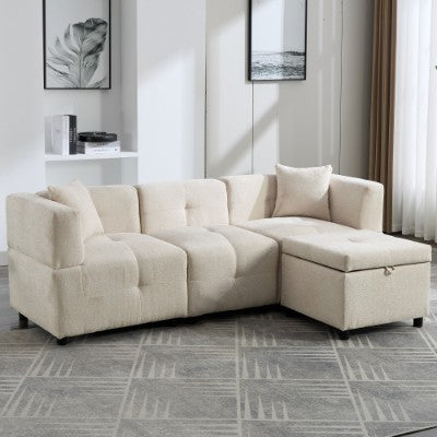 80 Sectional Sofa Couch With Removable Storage Ottoman, Fabric Sofa For Living Room Apartment, L-Shaped Sofa With 2 Pillows For Home Apartment Office Living Room, Beige