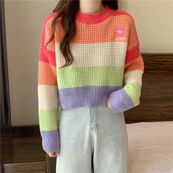 Loose Color Matching Knitwear Pullover Stripe Rainbow Sweater For Women