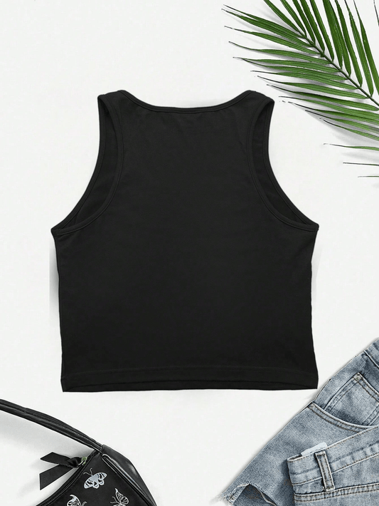 Women's Y2K Jamaica Graphic Print Crop Tank Top Black Sleeveless Stretchy Polyester Blend Casual Top