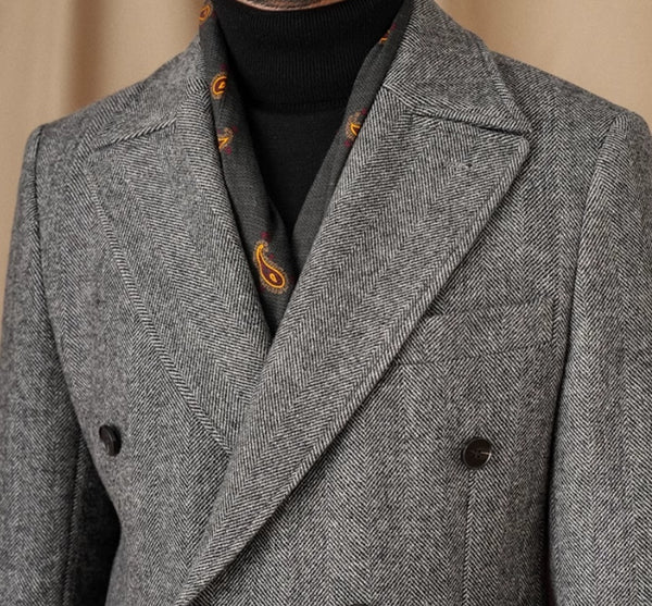 Wool Herringbone Italian Double-row Polo Coat