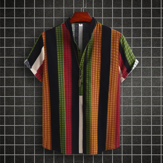 Men's Stand Collar Striped Cotton-linen Shirt