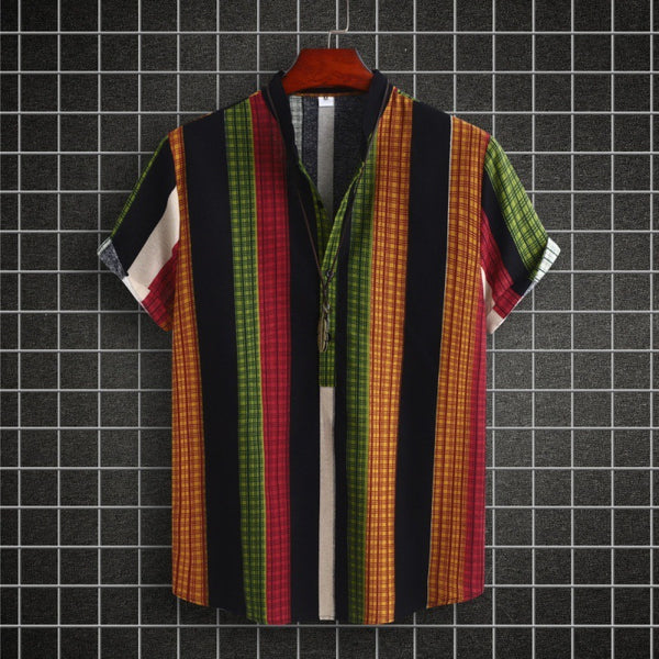 Chemise rayée en coton et lin à col montant pour homme