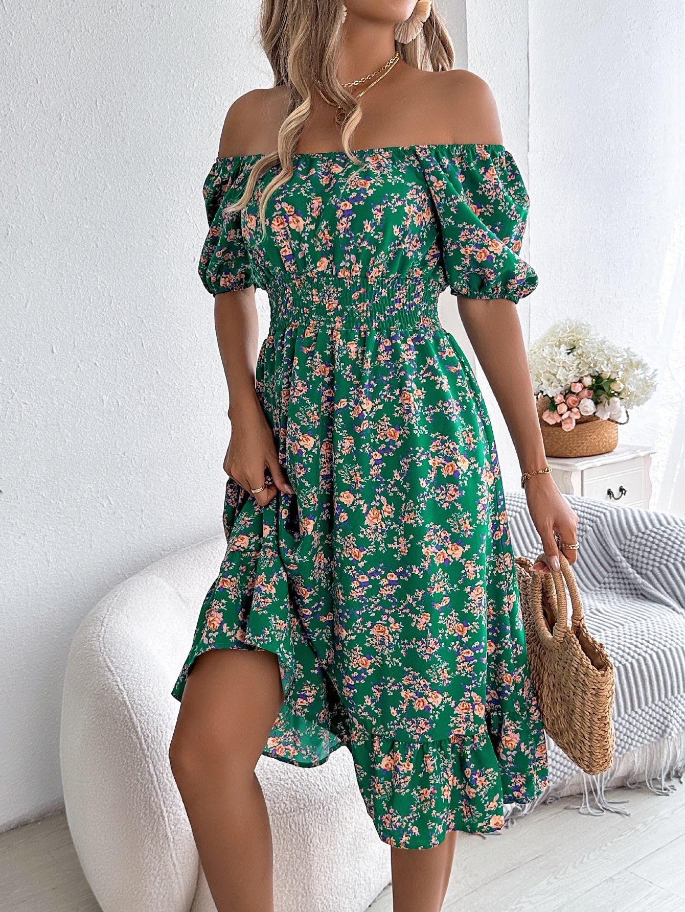 Robe à Imprimé Floral Col Carré Robes d'Été à Volants Mode Vêtements Féminins