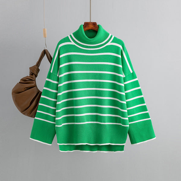 Womens Loose Casual Striped Turtleneck Sweater - Stuffs & Savers