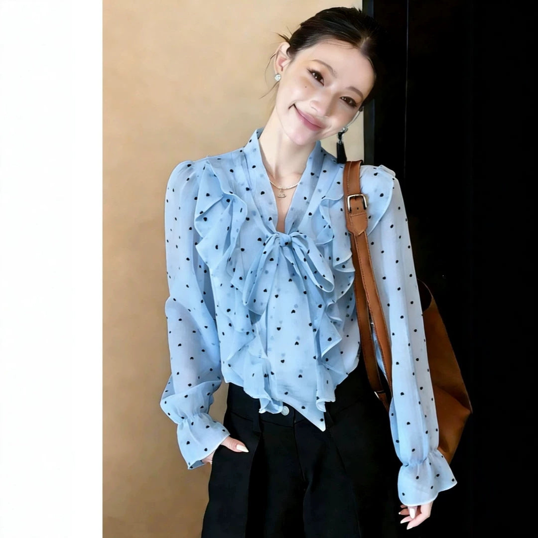 Polka-Dot Ruffle-Bow Chiffon Shirt