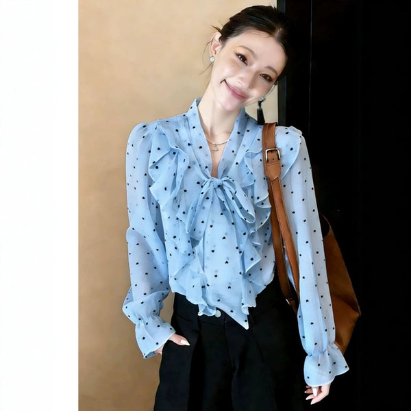 Polka-Dot Ruffle-Bow Chiffon Shirt