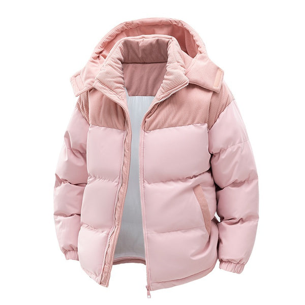 Manteau rembourré en coton avec chapeau amovible pour couple, patchwork contrasté, épaissi