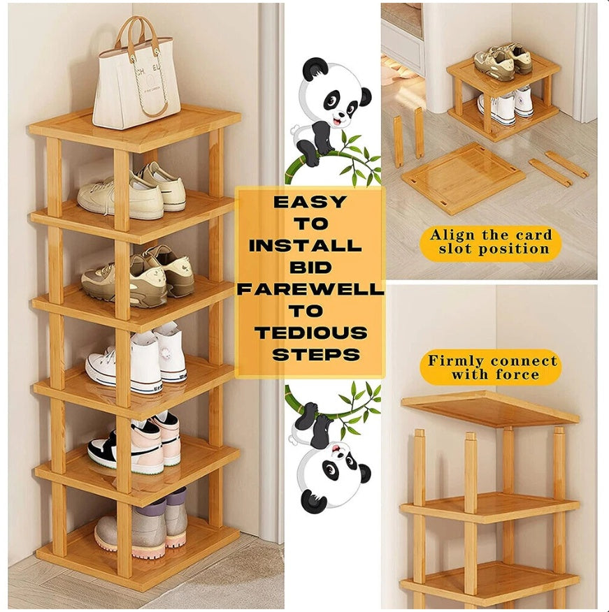 6-Tier Bamboo Shoe Rack - Vertical Space Saving Shoe Organizer Corner Shelf UK