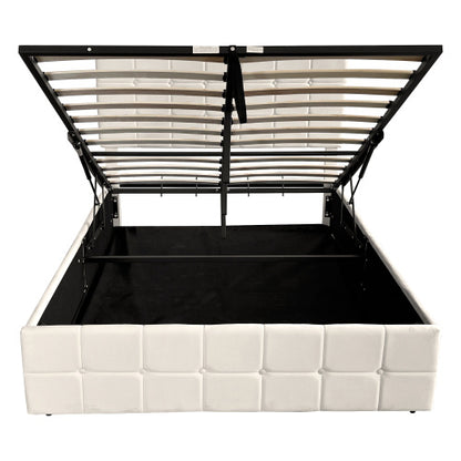 4ft6 Double Upholstered Storage Bed Frame, Velvet Ottoman Bed With Hydraulic Storage, Double Bed With Adjustable Button Tufted Headboard, Metal-Wood Support, No Mattress, Beige