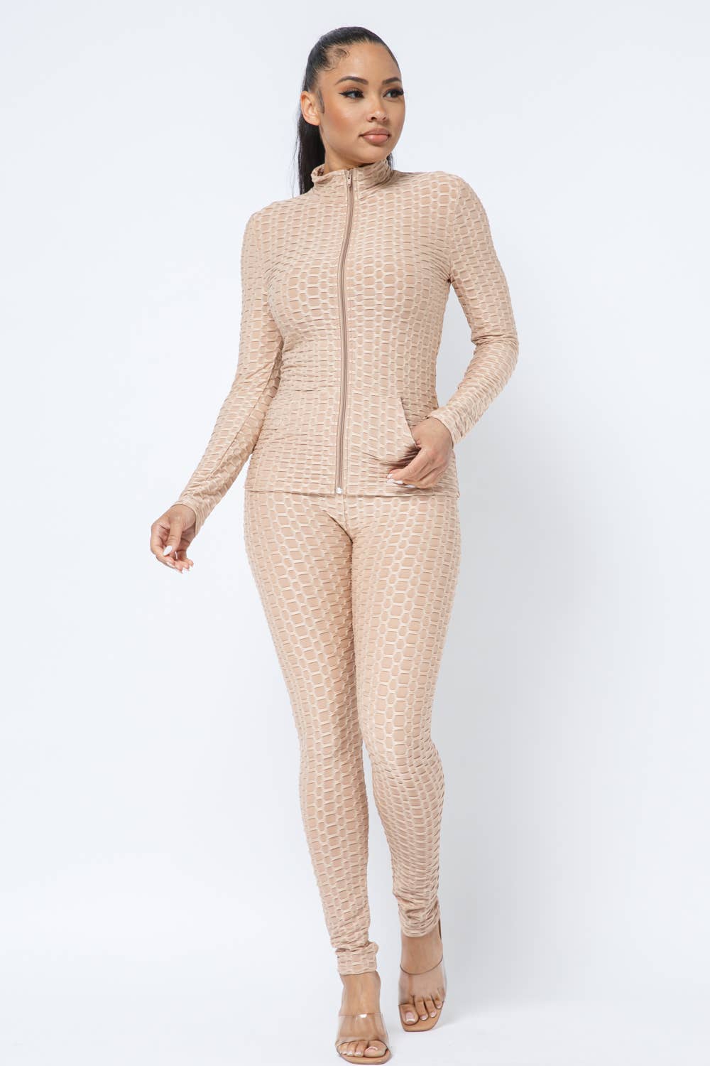 Ensemble Veste et Legging avec Poches Latérales Zippées Nid d'Abeille