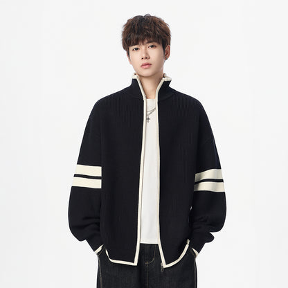 Minimalist Double Stripe Relaxed Fit Zipper Knit Cardigan