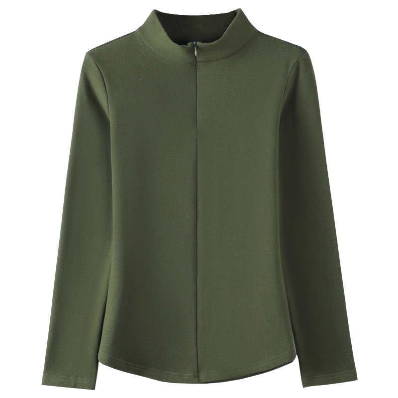 Solid color half zipper long sleeved women's slim fit top
