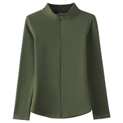 Solid color half zipper long sleeved women's slim fit top