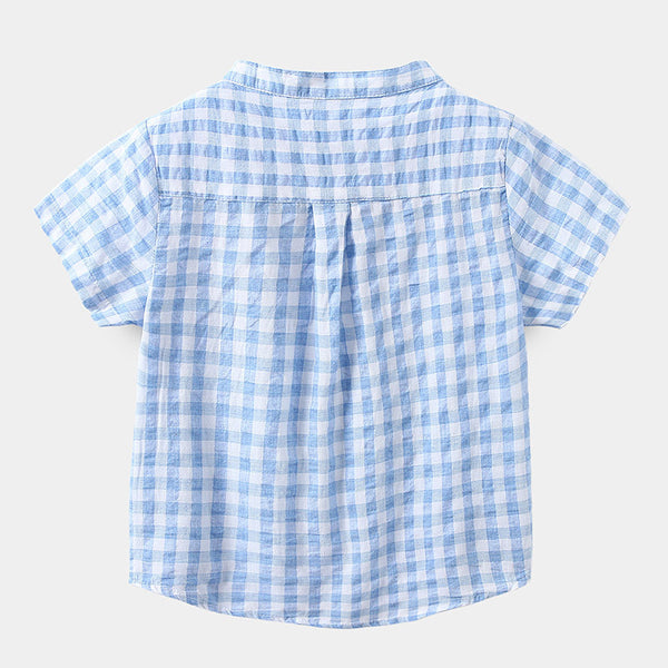 Children's Cotton Blue Short-sleeved Shirt Fashion Casual Short-sleeved Plaid Shirt - Stuffs & Savers