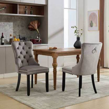 Modern Set Of 2 Upholstered Velvet Dining Chairs, Button Tufted Kitchen Lounge Chairs With Brushed Wood Legs, Riveted Trim And Knocker Ring, For Dining Room Living Room