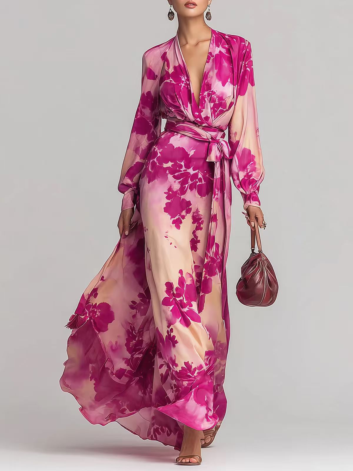 Printed Chiffon Long Sleeve V-Neck Tie-Up Dress