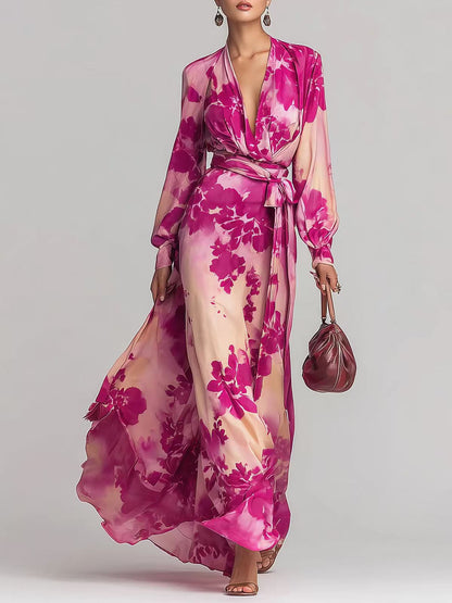 Printed Chiffon Long Sleeve V-Neck Tie-Up Dress