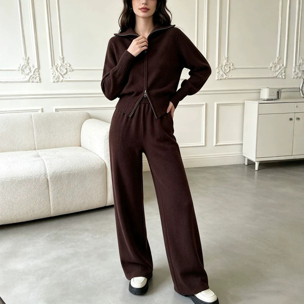 knitted sweater cardigan wide leg pants two-piece set