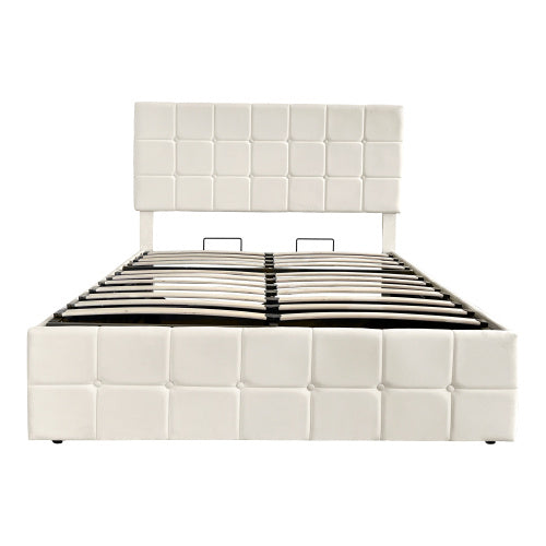 4ft6 Double Upholstered Storage Bed Frame, Velvet Ottoman Bed With Hydraulic Storage, Double Bed With Adjustable Button Tufted Headboard, Metal-Wood Support, No Mattress, Beige