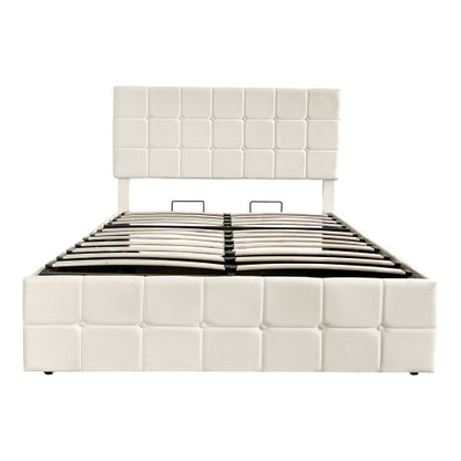 4ft6 Double Upholstered Storage Bed Frame, Velvet Ottoman Bed With Hydraulic Storage, Double Bed With Adjustable Button Tufted Headboard, Metal-Wood Support, No Mattress, Beige