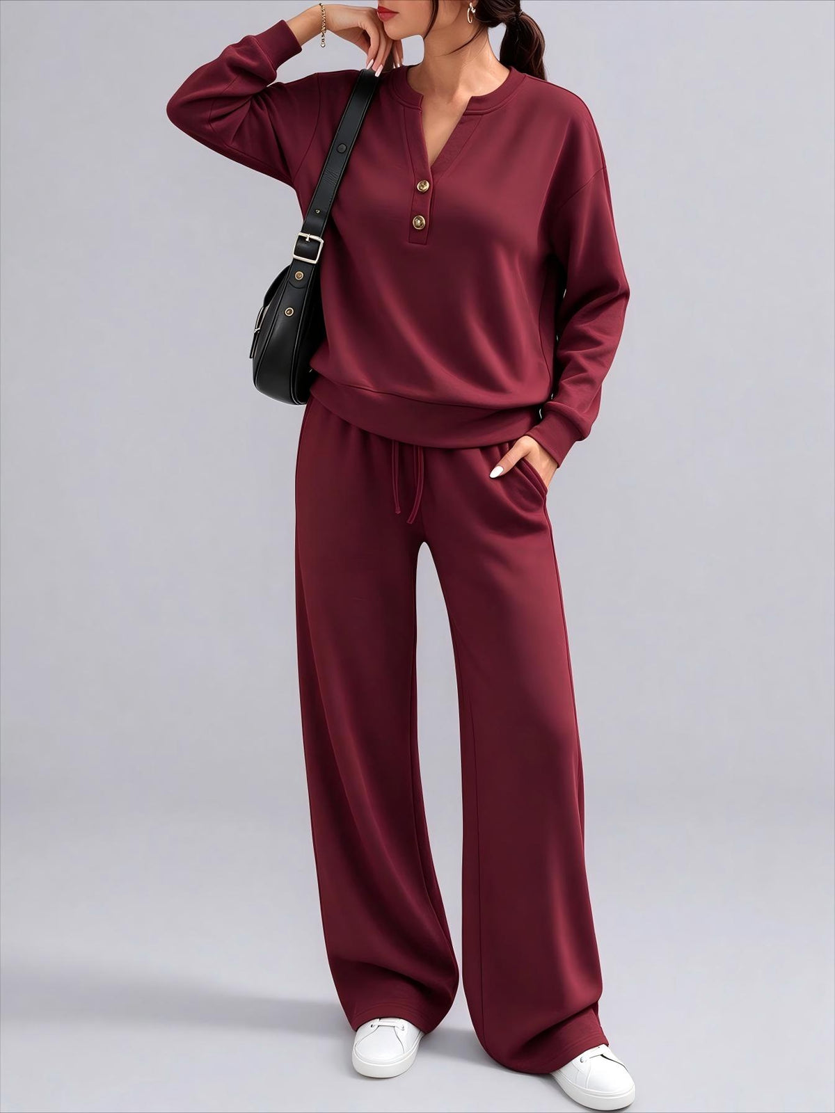 Loose long sleeve top and wide leg pants two piece set - view 3