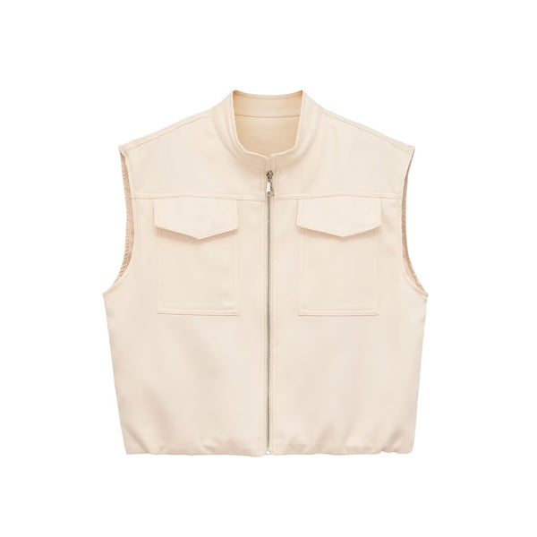 Flip zipper stand up collar loose vest