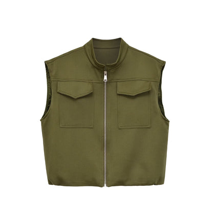 Flip zipper stand up collar loose vest
