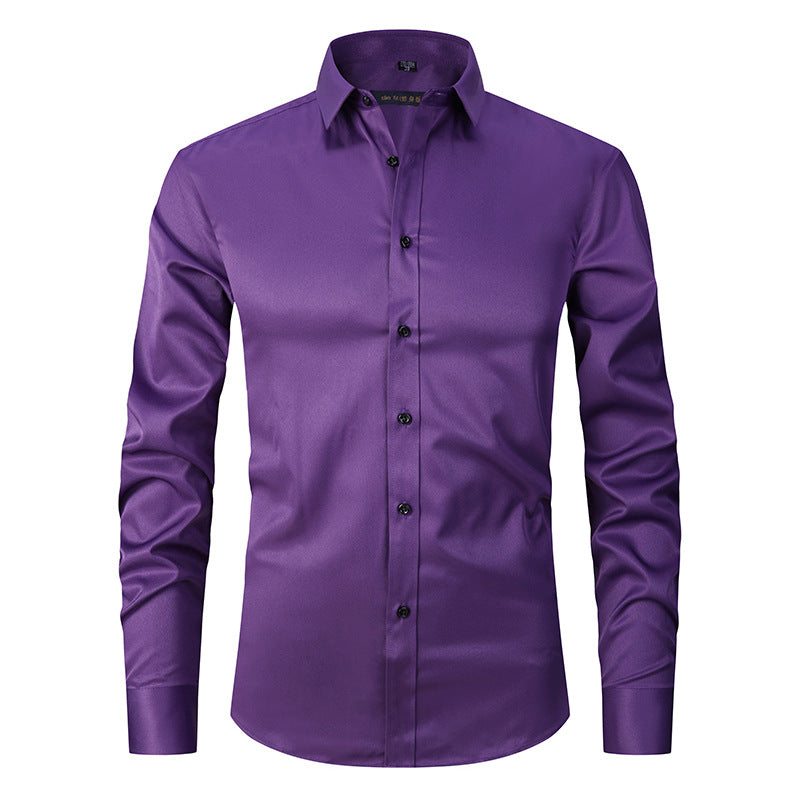 Men's Long-sleeved Fashion Top Slim Solid Color Stretch Shirt
