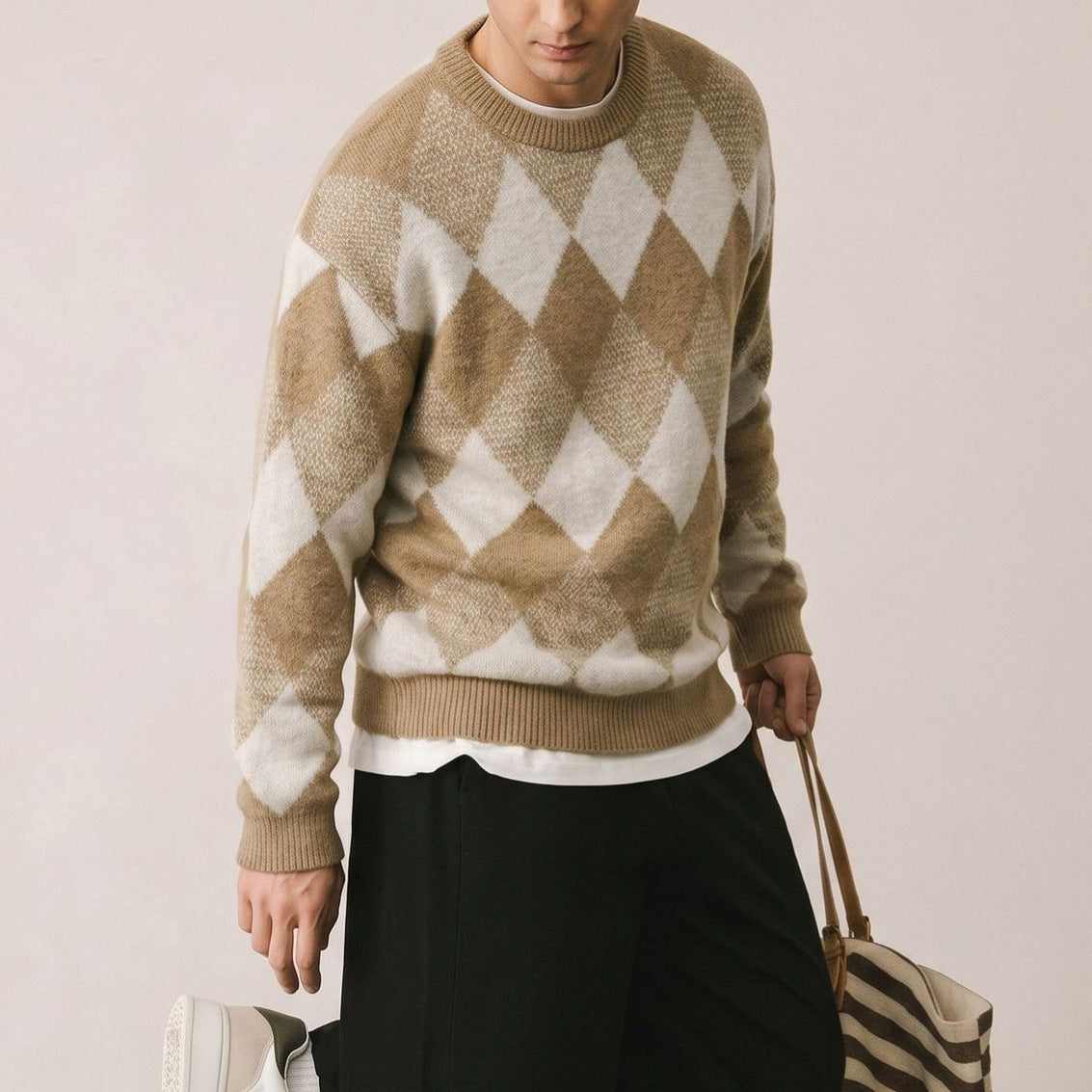 Diamond grid long sleeved sweater for men