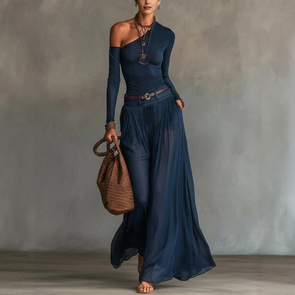 Asymmetrical Long Sleeve Casual Set with Belted Long Dress