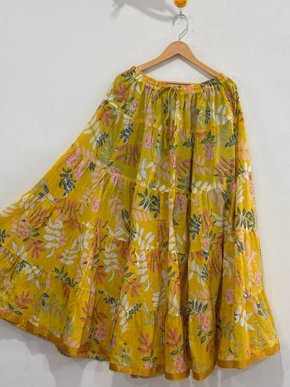 Blackfever Sunshine Yellow Floral Tiered Cotton Skirt – Free Size
