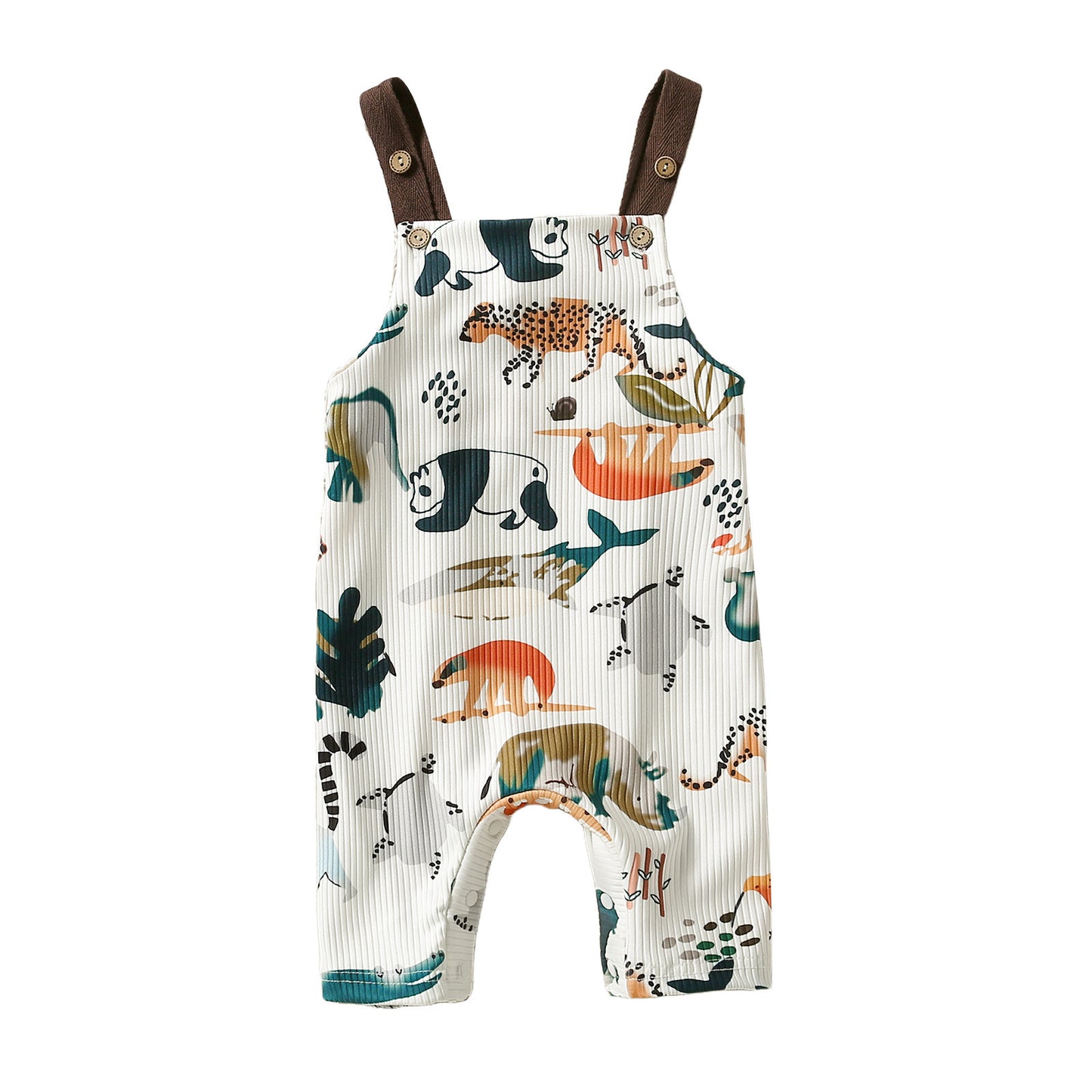 Baby Cotton Sunken Stripe Printed Animal Sling Jumpsuit