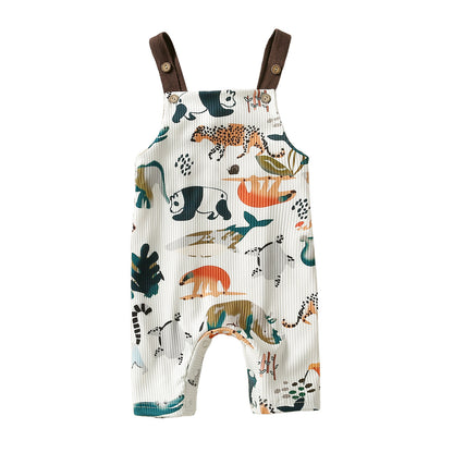 Baby Cotton Sunken Stripe Printed Animal Sling Jumpsuit