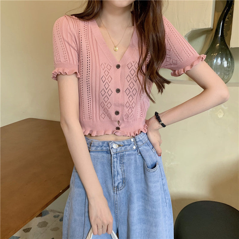 Retro V-neck Short Top Cardigan