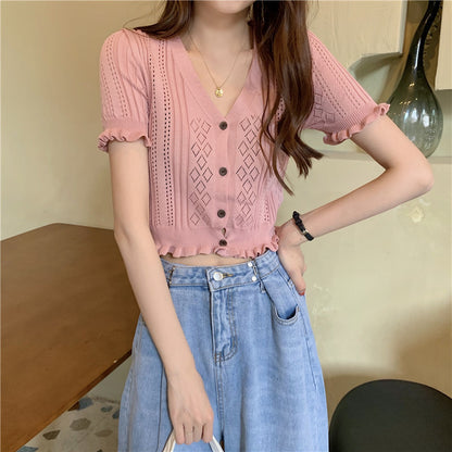 Retro V-neck Short Top Cardigan