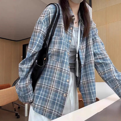 Blue Plaid Long Sleeve Shirt Women's