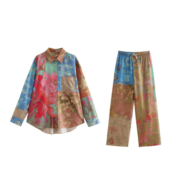 color blocked printed loose shirt with lace up straight leg pants set