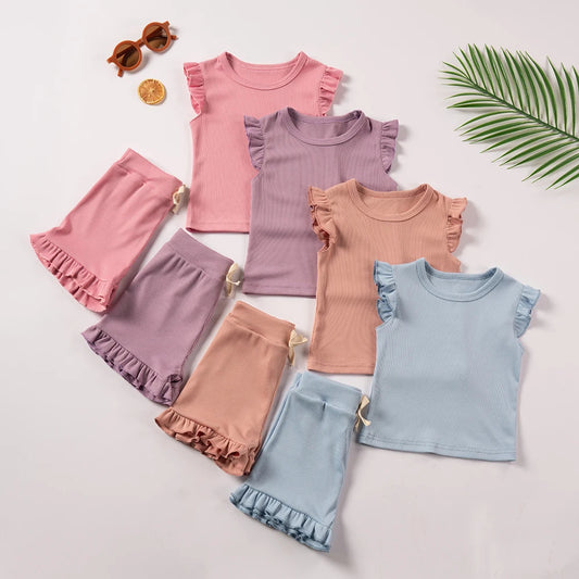 Girls' Solid-Colored Short-Sleeve Shorts Set