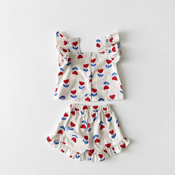 Girls' Cotton Tulip Sling Flounced Sleeve Two-piece Set