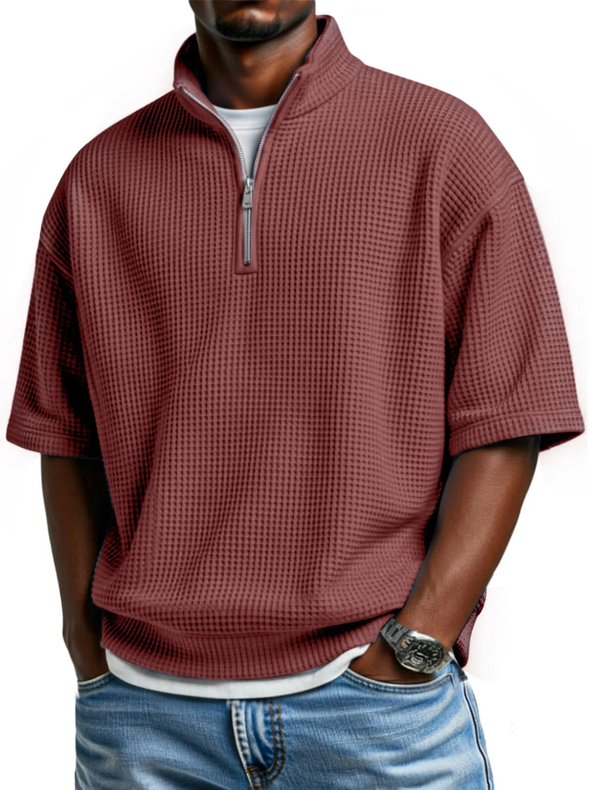 Men's Waffle Knit Half-Zip Polo Shirt - Short Sleeve