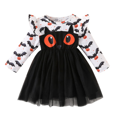 Halloween Girls' Bat Print Dress Long Sleeve Tulle Princess Dress Party Performance Outfit