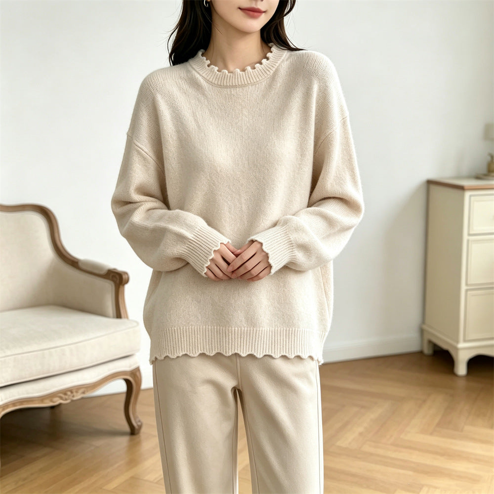 Solid color lace long sleeved pullover sweater