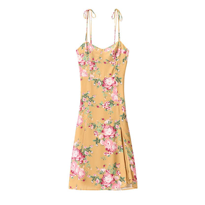 Printed sexy side slit casual strap dress with suspender strap