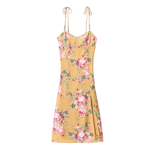 Printed sexy side slit casual strap dress with suspender strap