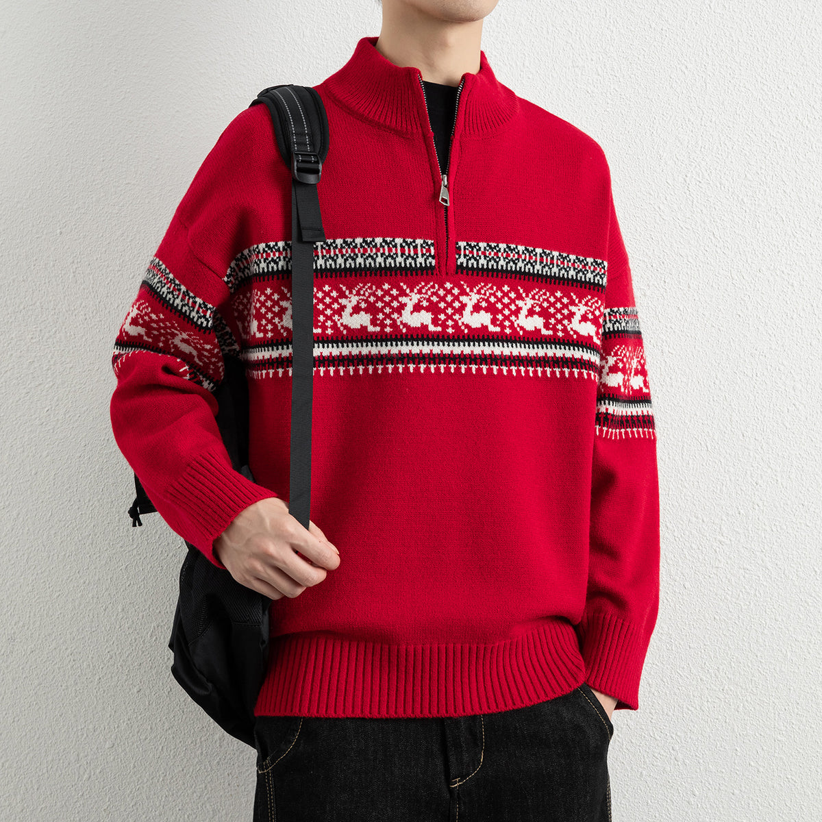 Casual Color Block Long Sleeve Half Zip Stand Collar Men's Sweater