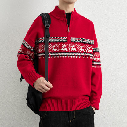 Casual Color Block Long Sleeve Half Zip Stand Collar Men's Sweater