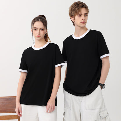 Contrast-color Short-sleeve Crew Neck Spliced Color