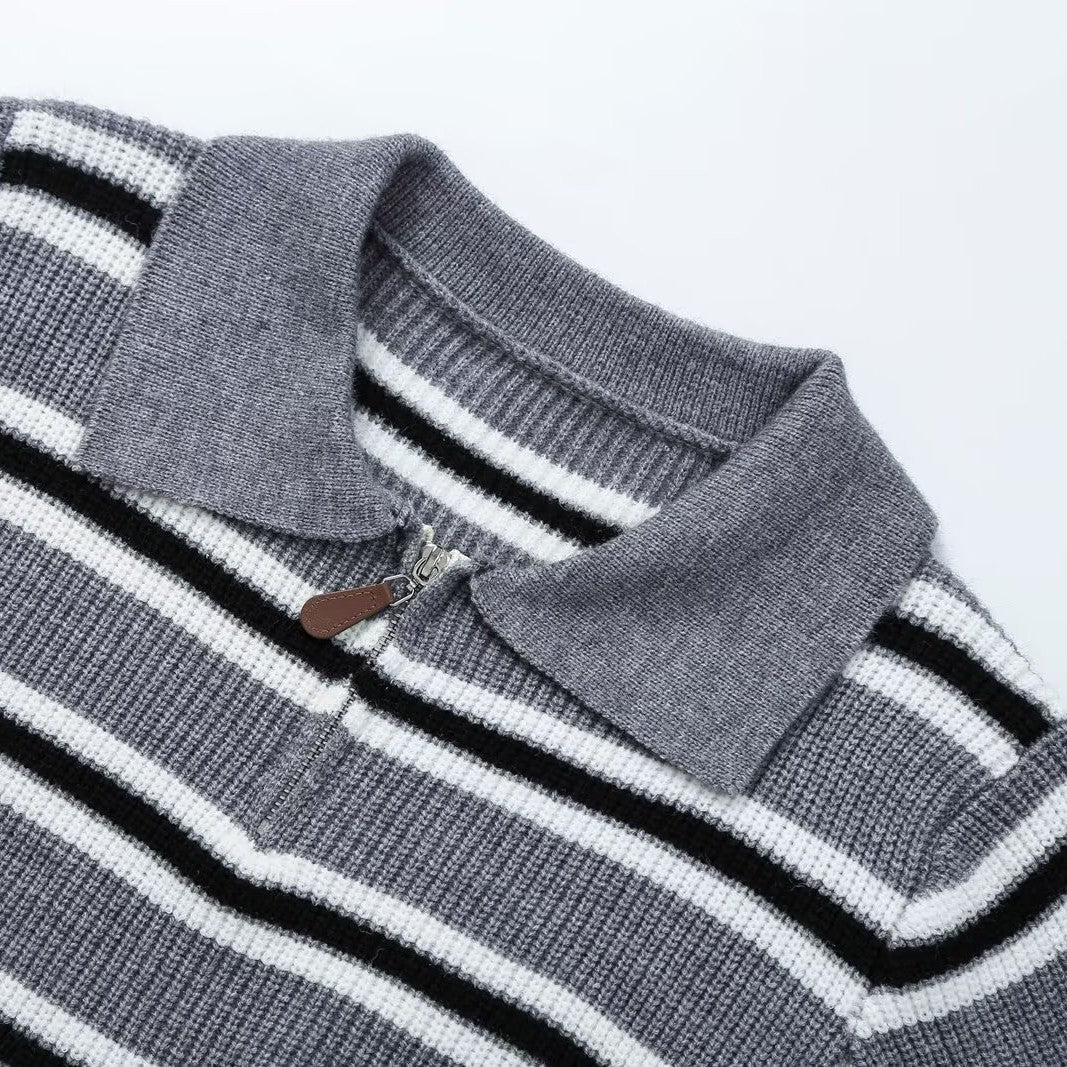 Women's Striped Long Sleeve Polo Knit Top