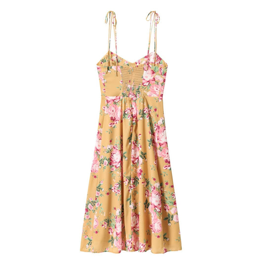 Printed sexy side slit casual strap dress with suspender strap
